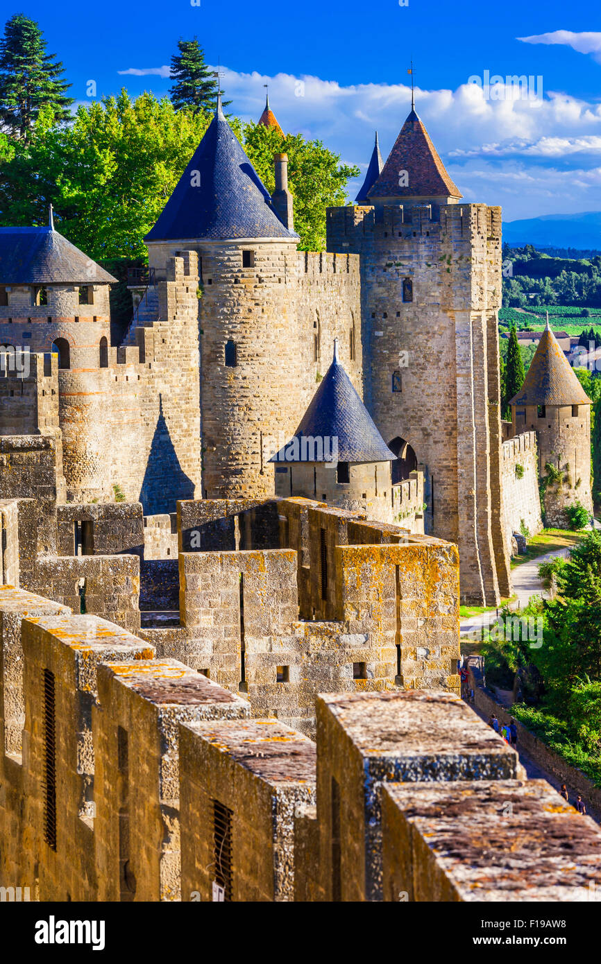 Carcassonne - château-forteresse médiévale en France, l'attraction touristique populaire Banque D'Images