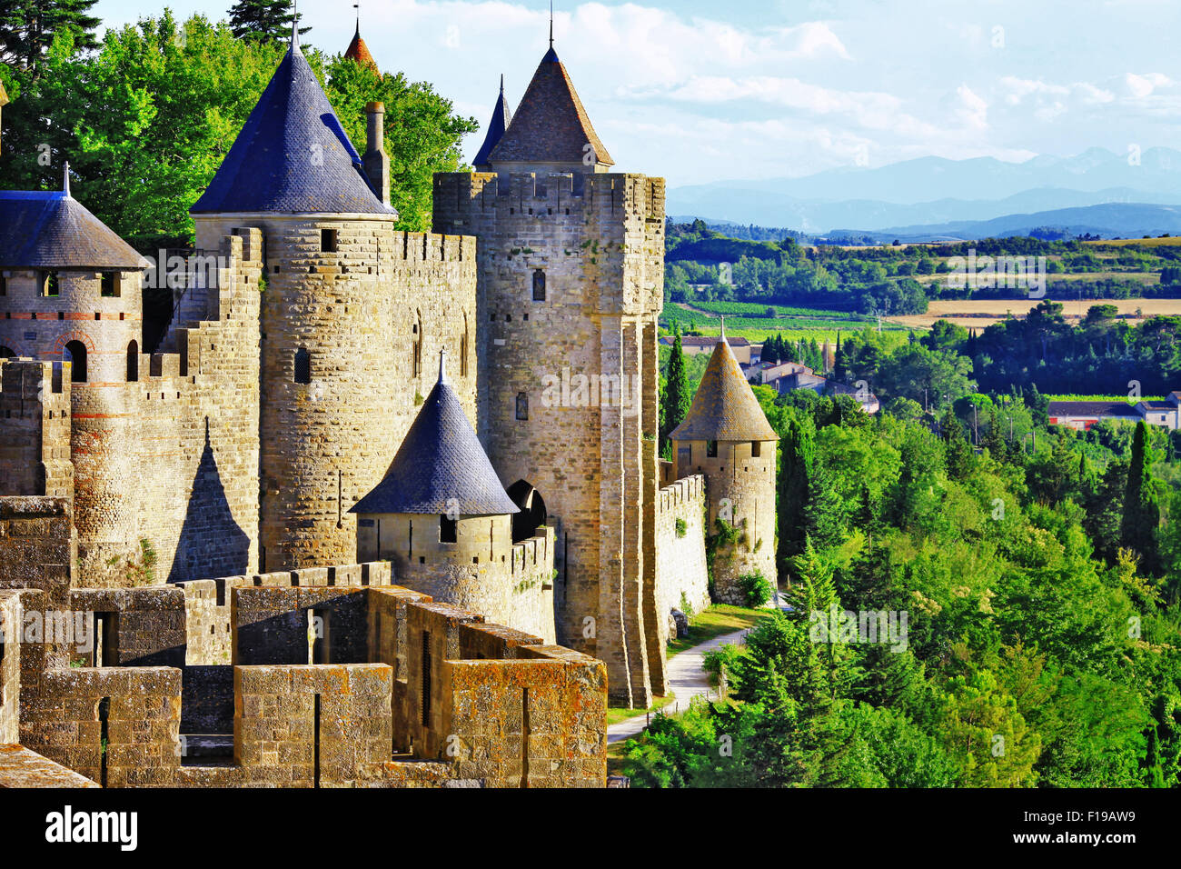 Carcassonne - château-forteresse médiévale en France, l'attraction touristique populaire Banque D'Images