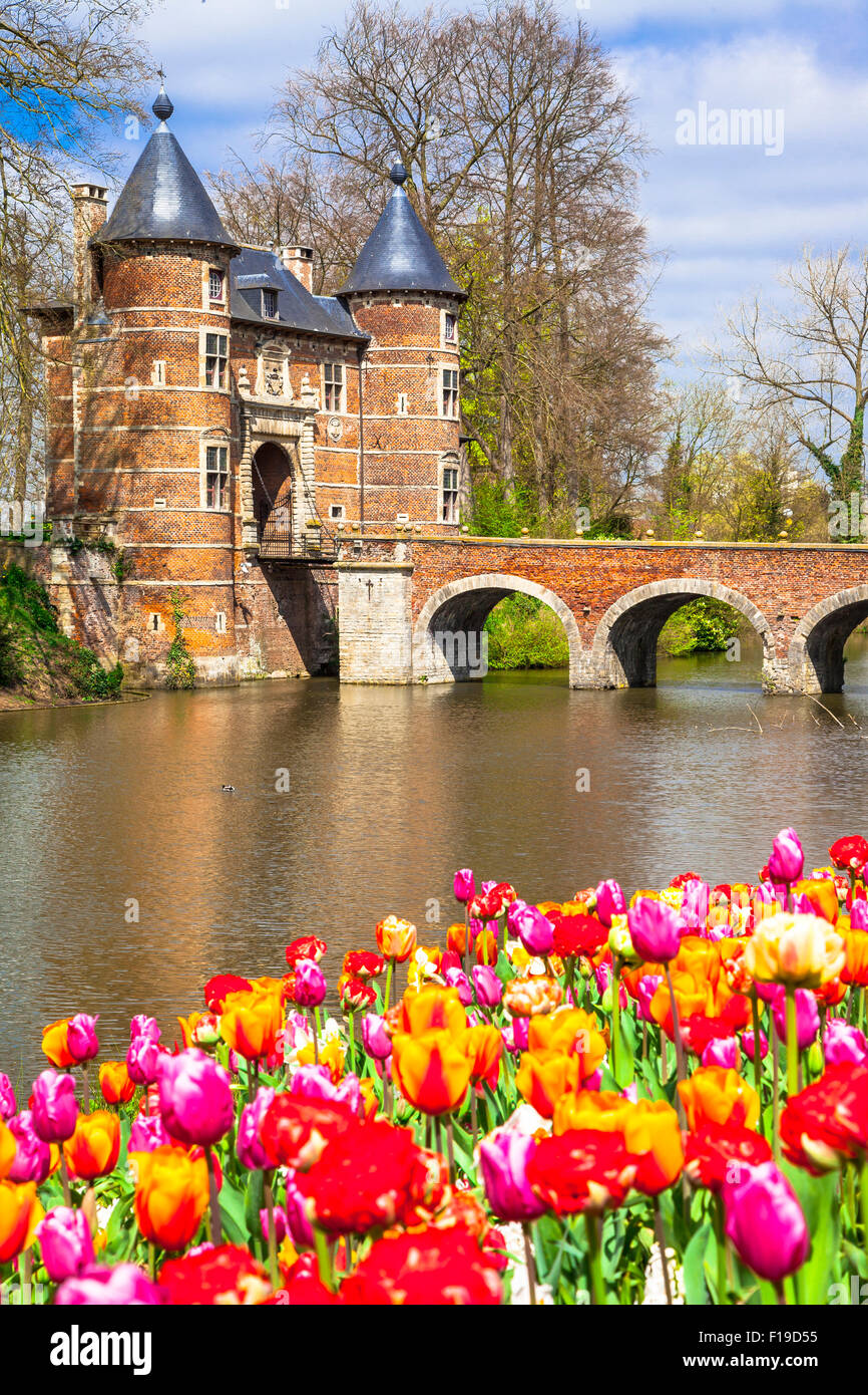 Châteaux romantiques de Belgique- Groot-Bijgaarden avec de beaux jardins Banque D'Images