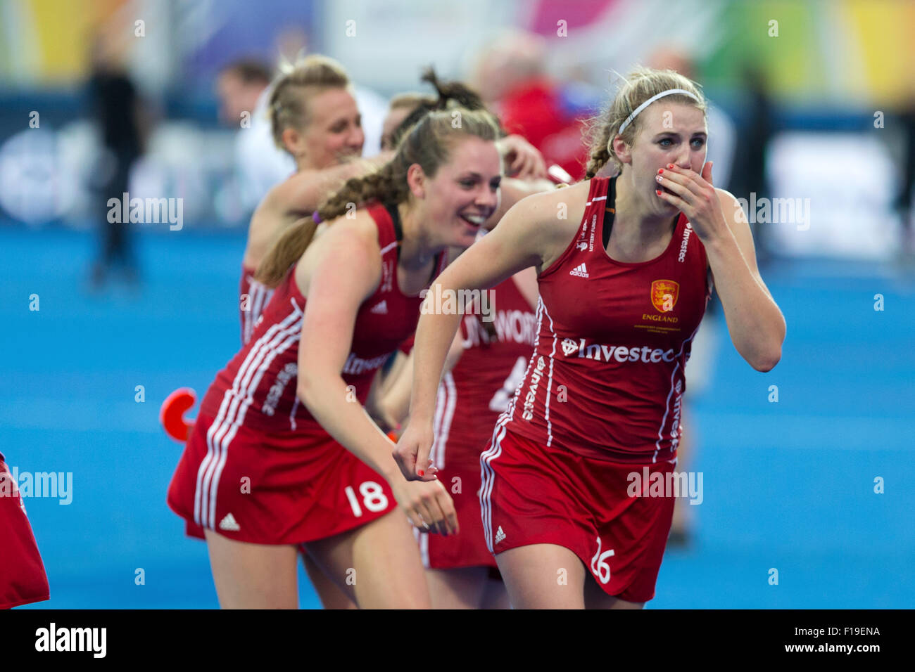 Lee Valley, London, UK. Août 30, 2015. Angleterre célébrer remportant le Unibet EuroHockey Championships la finale des femmes Angleterre/Pays-Bas. Crédit : Simon Balson/Alamy Live News Banque D'Images