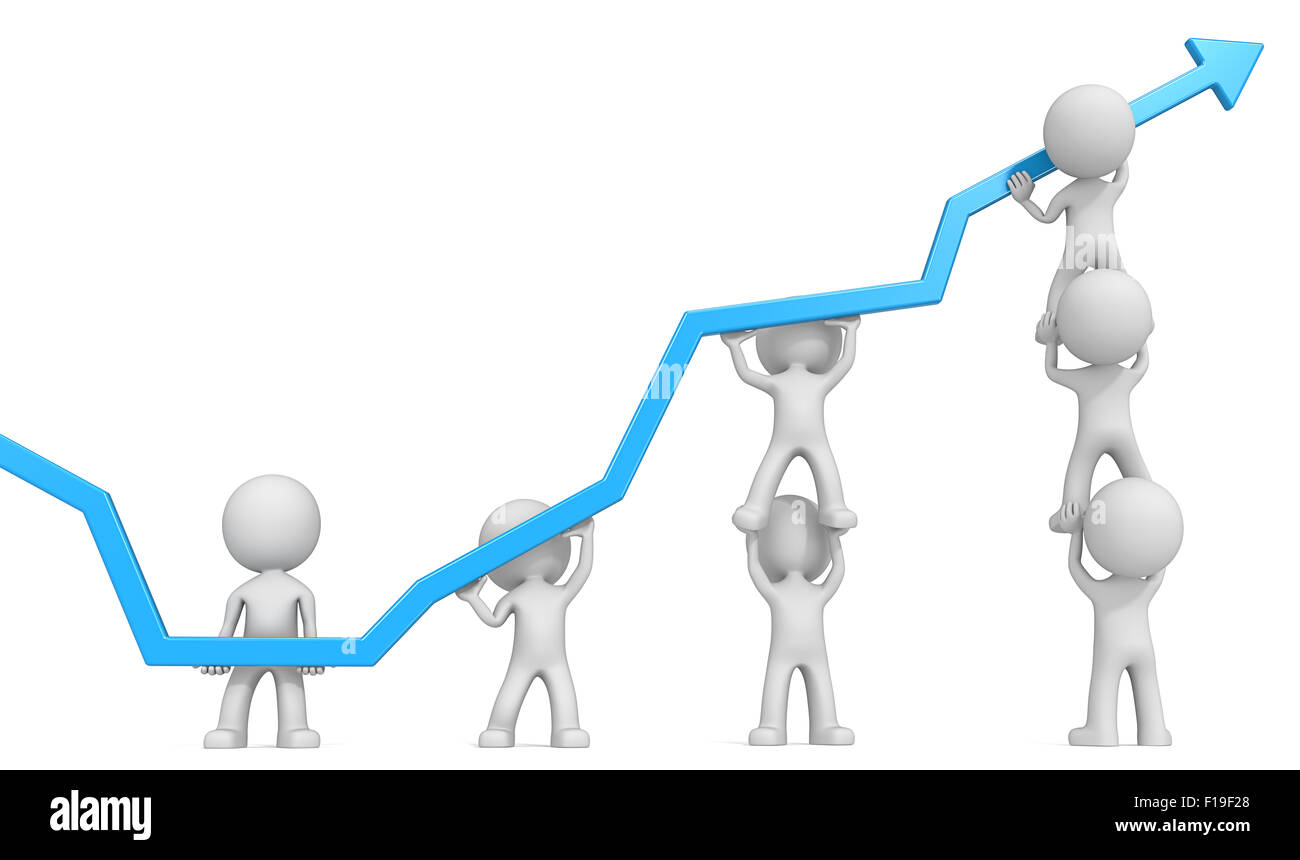 Dude personnages 3D X7 les gens d'affaires poussant en bleu graphique. Arrière-plan blanc. Banque D'Images