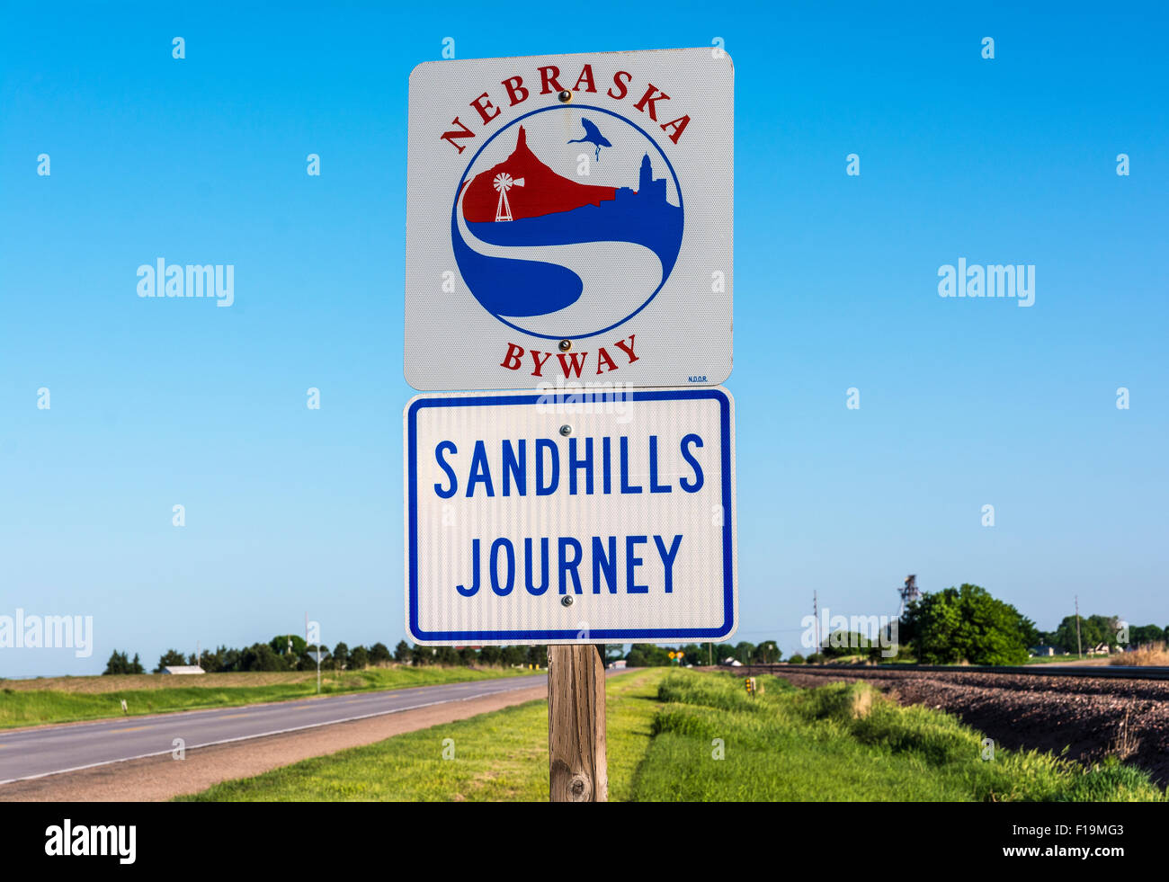 Nebraska Sandhills, Voyage Autoroute 2 Scenic Byway, l'extrémité orientale, road sign Banque D'Images