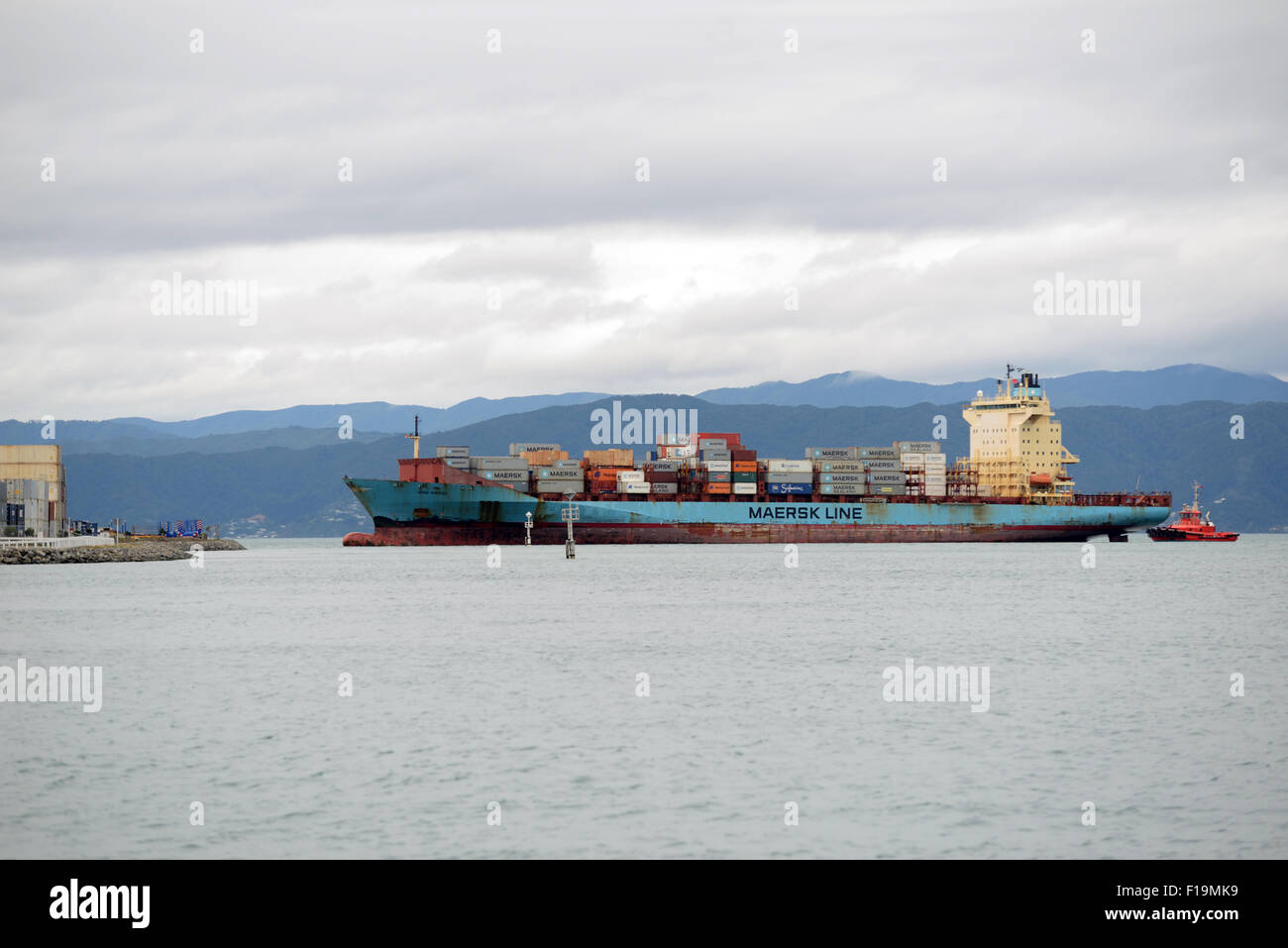 WELLINGTON, Nouvelle-Zélande, le 27 juillet 2015 : guide des remorqueurs un porte-conteneurs dans le port de Wellington, Nouvelle-Zélande Banque D'Images