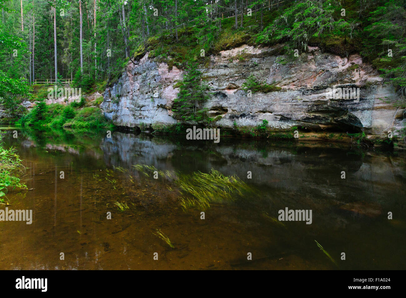 Les affleurements de grès réflexion sur l'eau de rivière, Ahja Estonie Banque D'Images