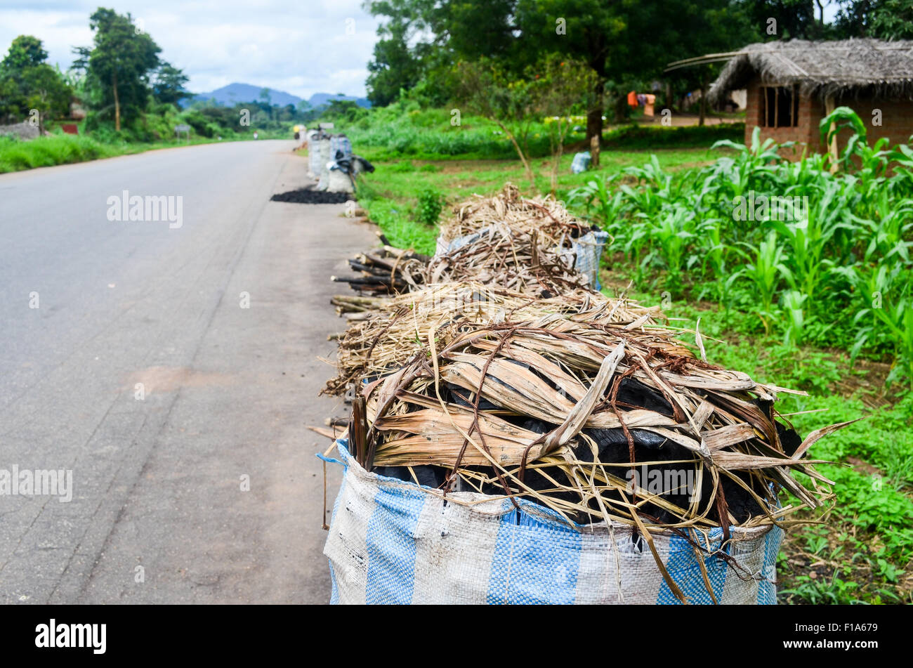 Sacs pour la vente sur les routes ivoiriennes, l'Afrique Banque D'Images