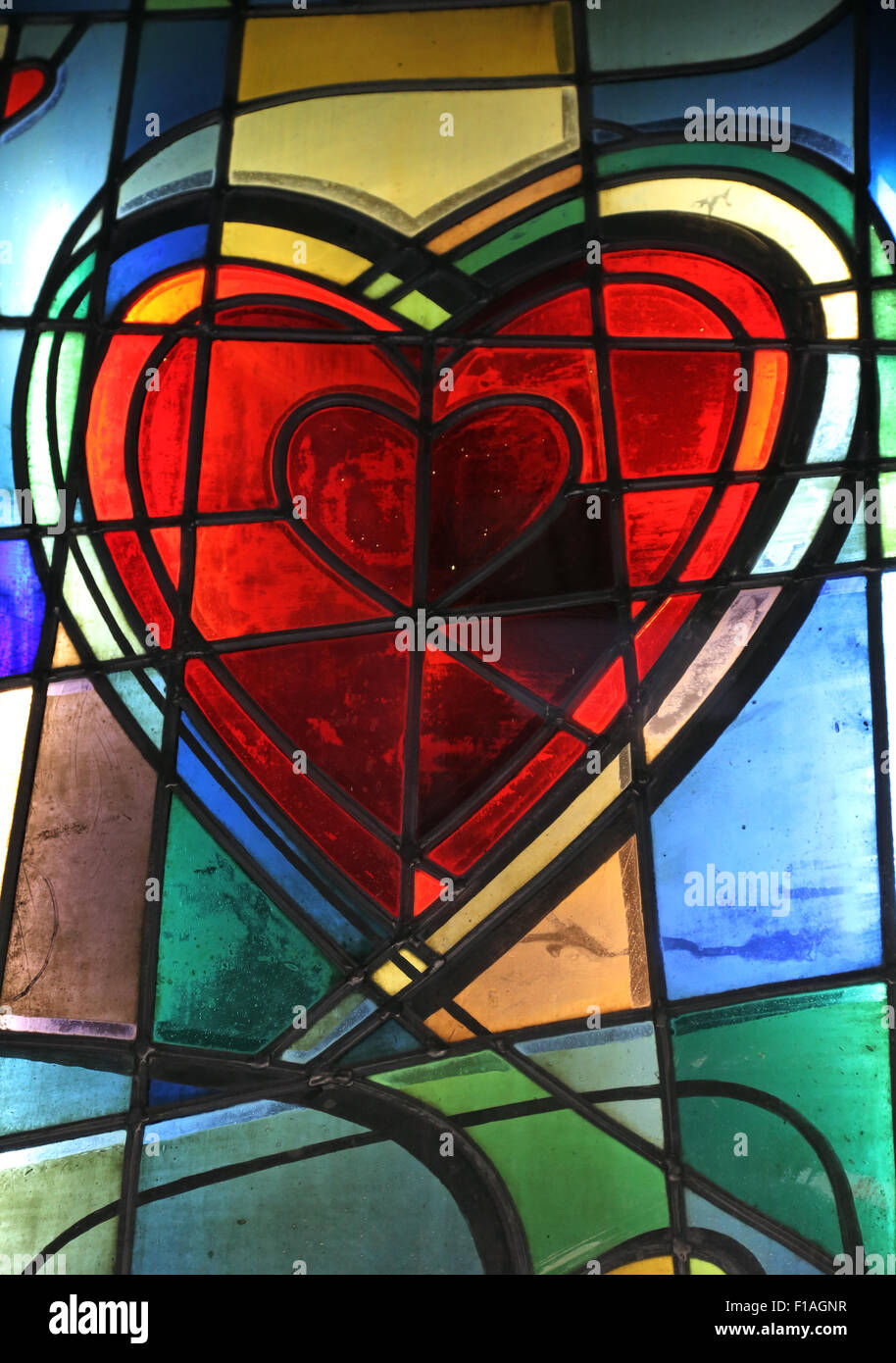 Bremen, Allemagne, de vitraux avec motif coeur au Kaffee HAG-maison dans le Boettcherstrasse Banque D'Images
