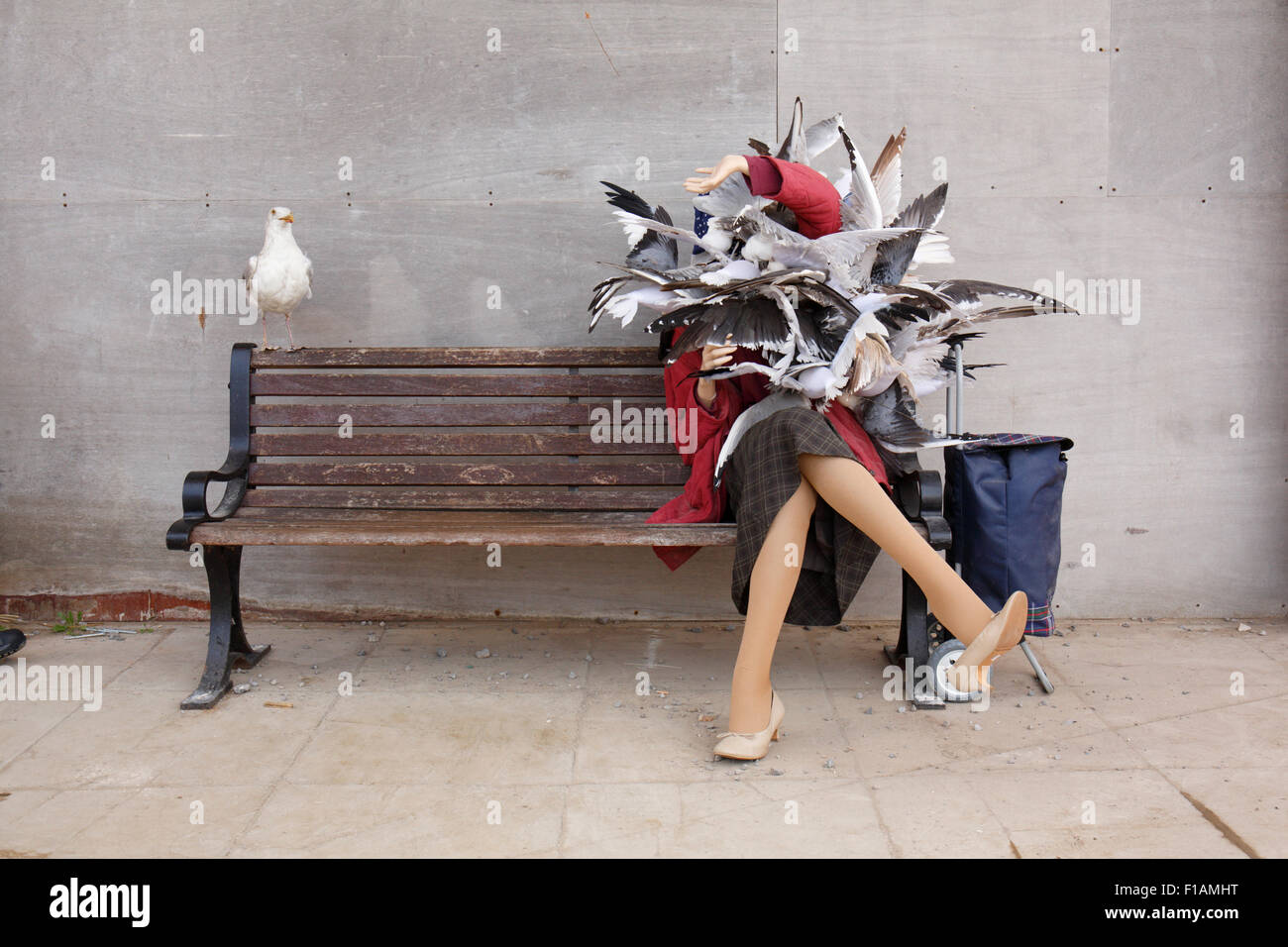 Femme Dismaland ont attaqué par les mouettes Banque D'Images