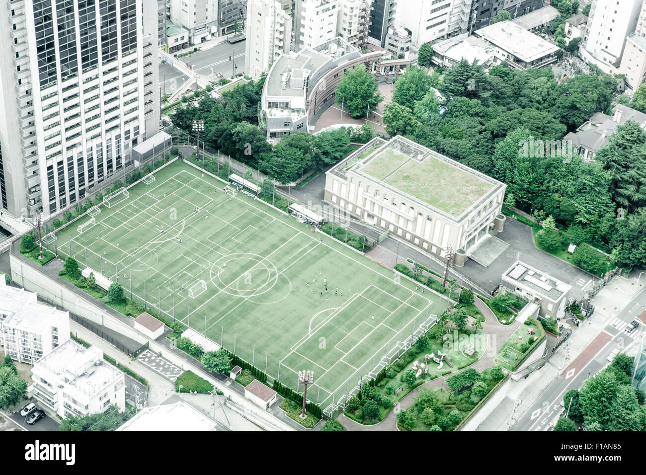 Japon, Tokyo, terrain de football vu du dessus Banque D'Images