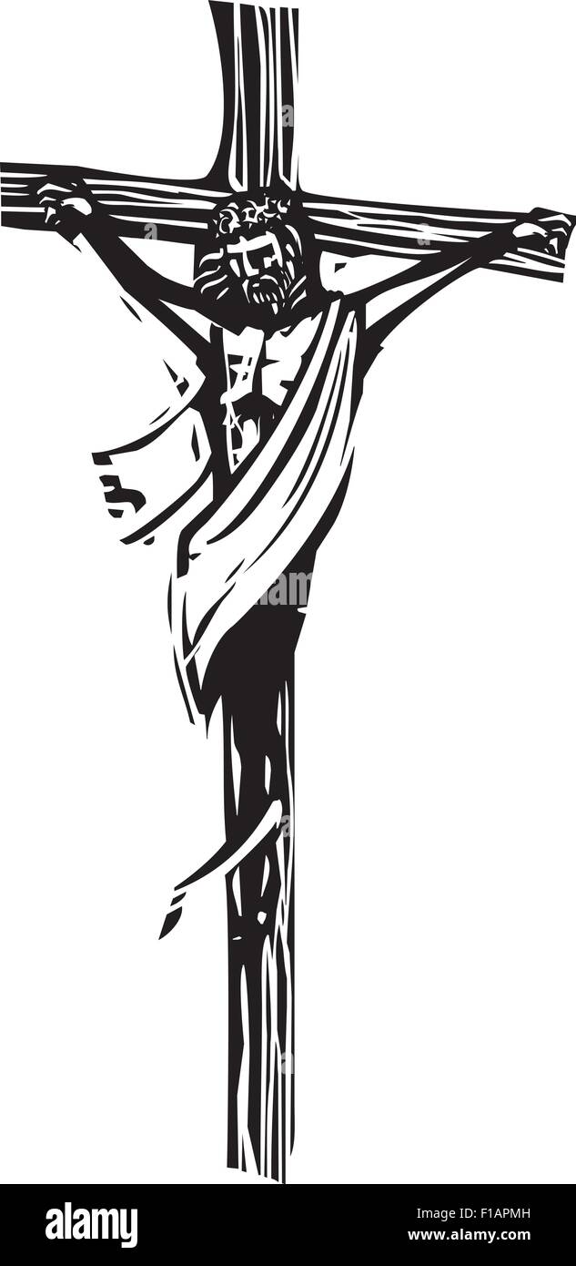 Gravure sur bois de style libre expressionniste Jésus Christ sur la croix avec couronne d'épines. Illustration de Vecteur