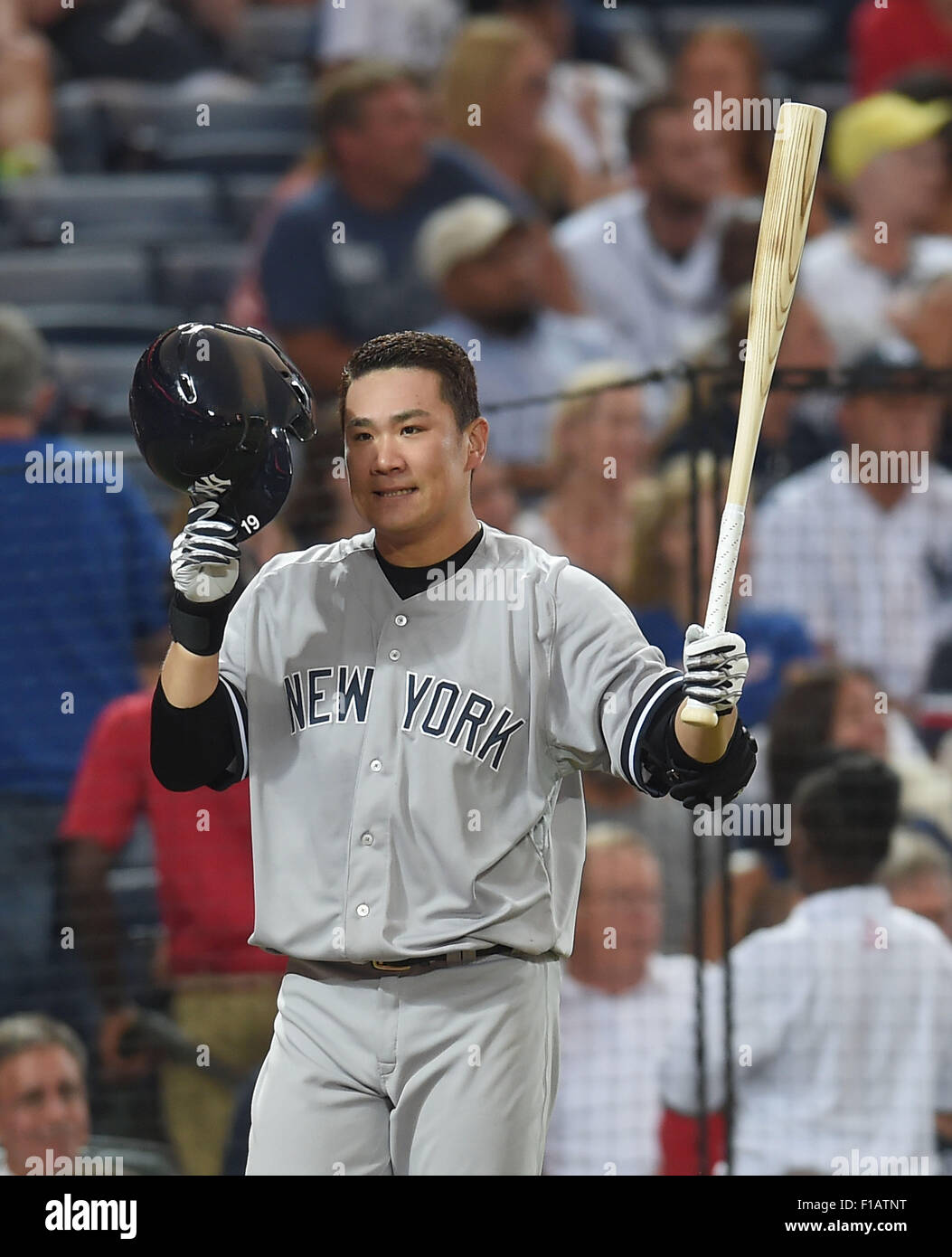 Atlanta, Georgia, USA. Août 28, 2015. Masahiro Tanaka (Yankees) MLB : Masahiro Tanaka des New York Yankees réagit à sa première au bâton dans la deuxième manche au cours de la Major League Baseball Interleague match contre les Braves d'Atlanta à Turner Field à Atlanta, Georgia, United States . © AFLO/Alamy Live News Banque D'Images