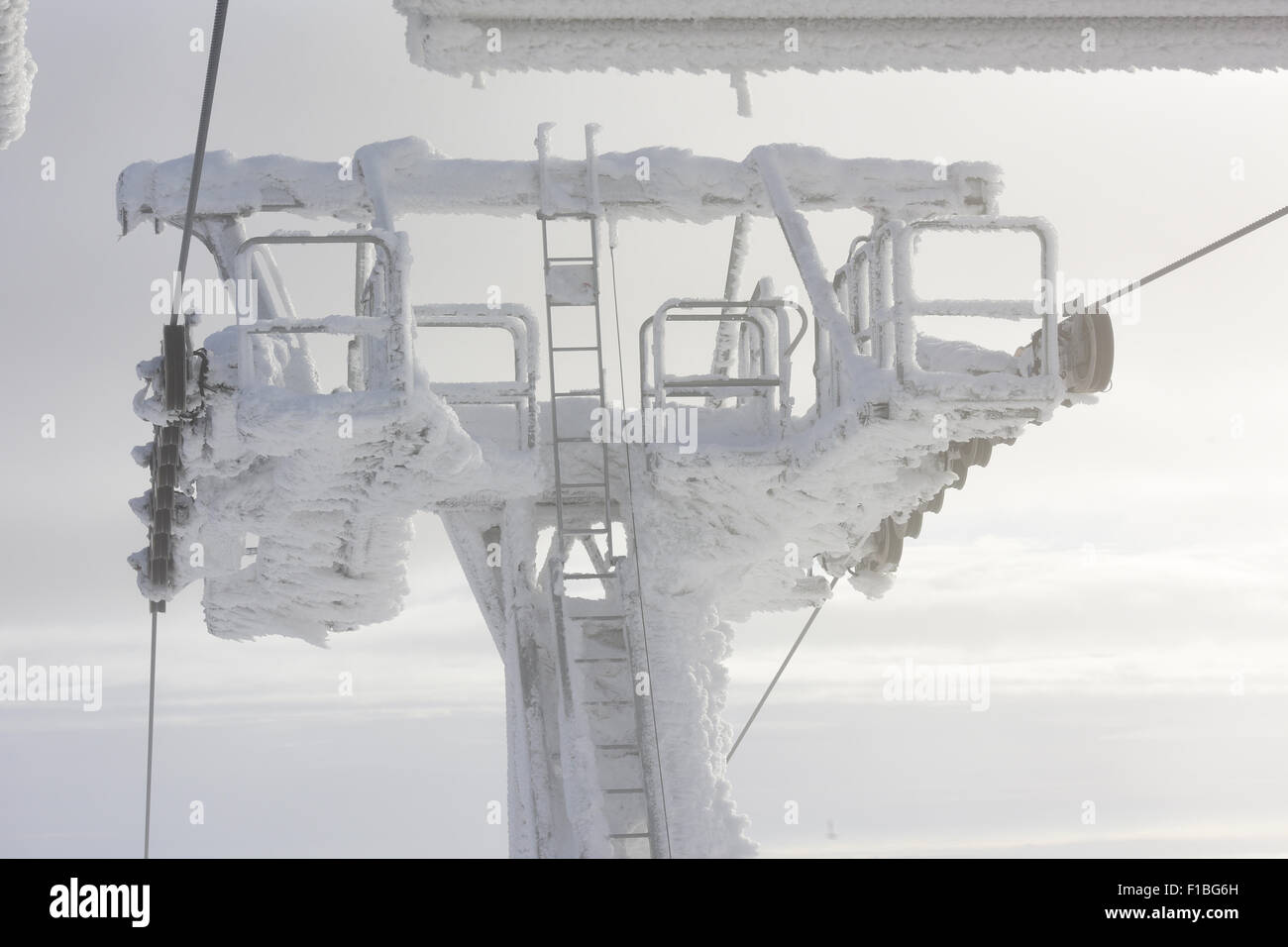 Petzer, République tchèque, iced porteurs du cable car Banque D'Images