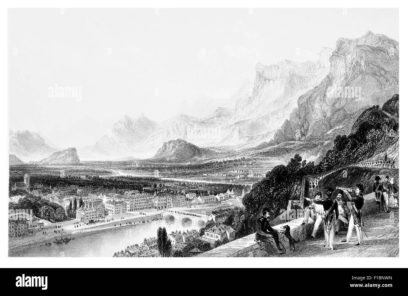 Grenoble à partir de la forteresse de la rivière paysage panorama vallée télescope soldat Banque D'Images Grenoble à partir de la forteresse de la rivière paysage panorama vallée télescope soldat Banque D'Images