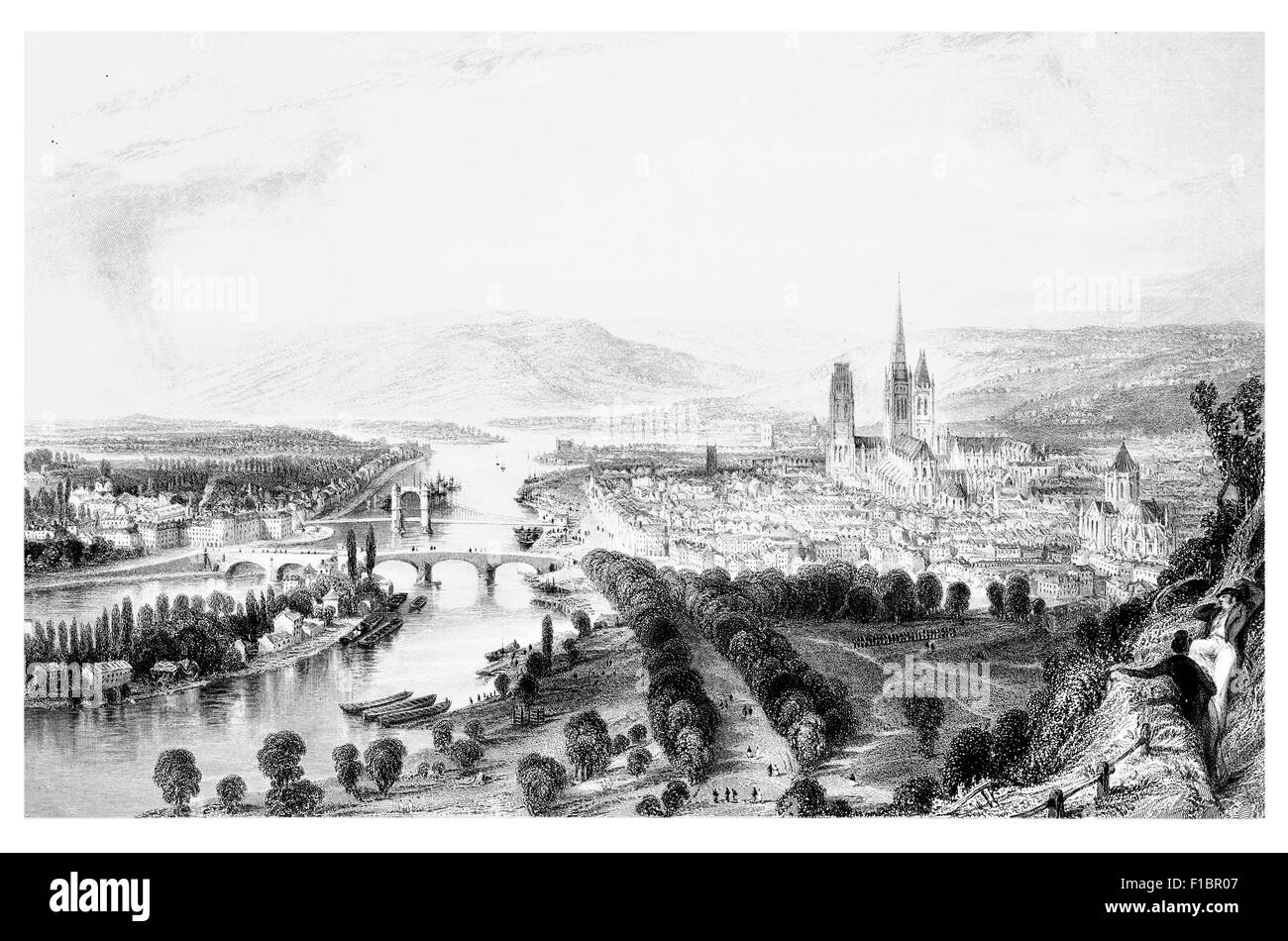 Seine Rouen Normandie paysage panoramique 1850 Banque D'Images