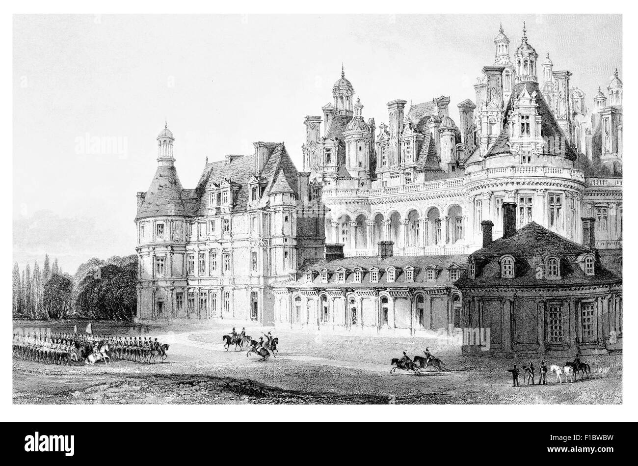 Chateau de Chambord Loir et Cher défilé militaire monté à cheval château Renaissance Banque D'Images