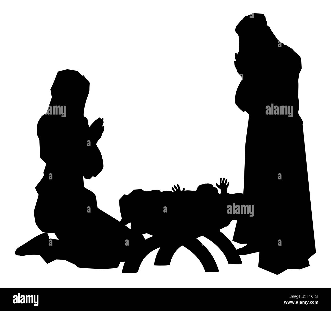 Christian religieuse traditionnelle Crèche de Noël de l'enfant Jésus dans la crèche avec Marie et Joseph en silhouette Banque D'Images