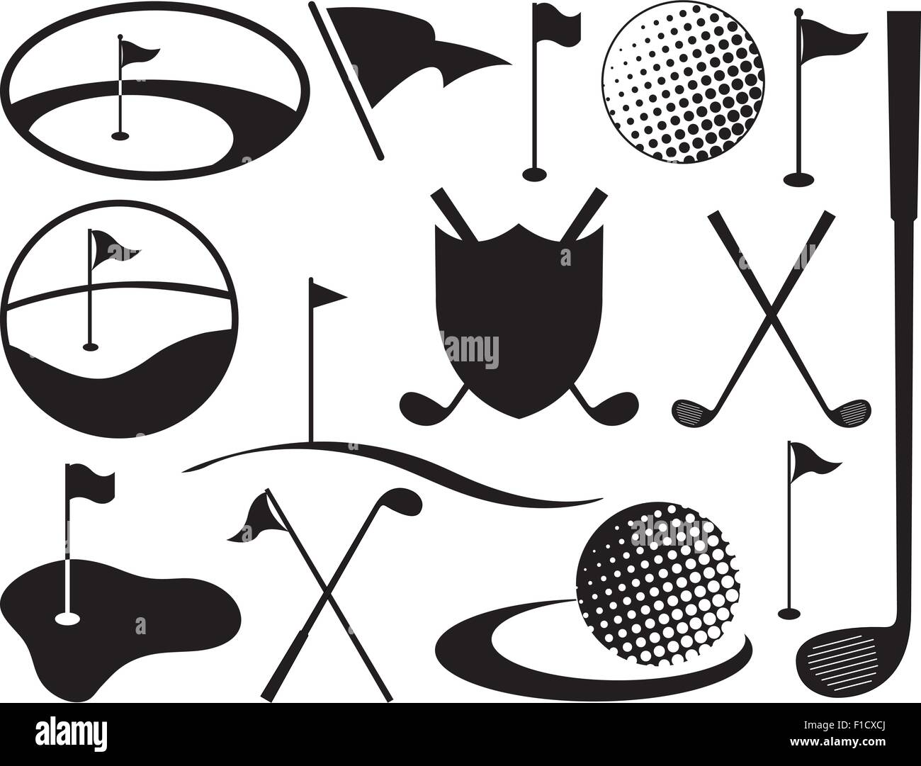 Le noir et blanc y compris les icônes de Golf balles de golf et drapeaux Illustration de Vecteur