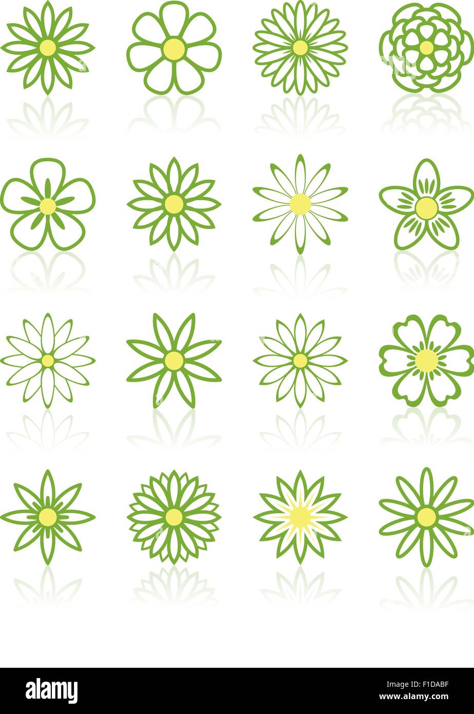 Seize Icônes de fleurs vert et jaune avec des réflexions Illustration de Vecteur