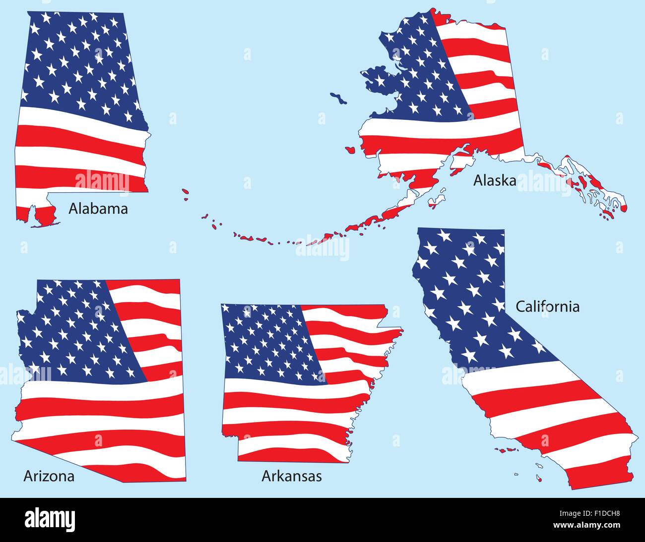 Alabama, Alaska, Arizona, l'Arkansas et la Californie décrit avec drapeaux, chaque regroupées individuellement Illustration de Vecteur