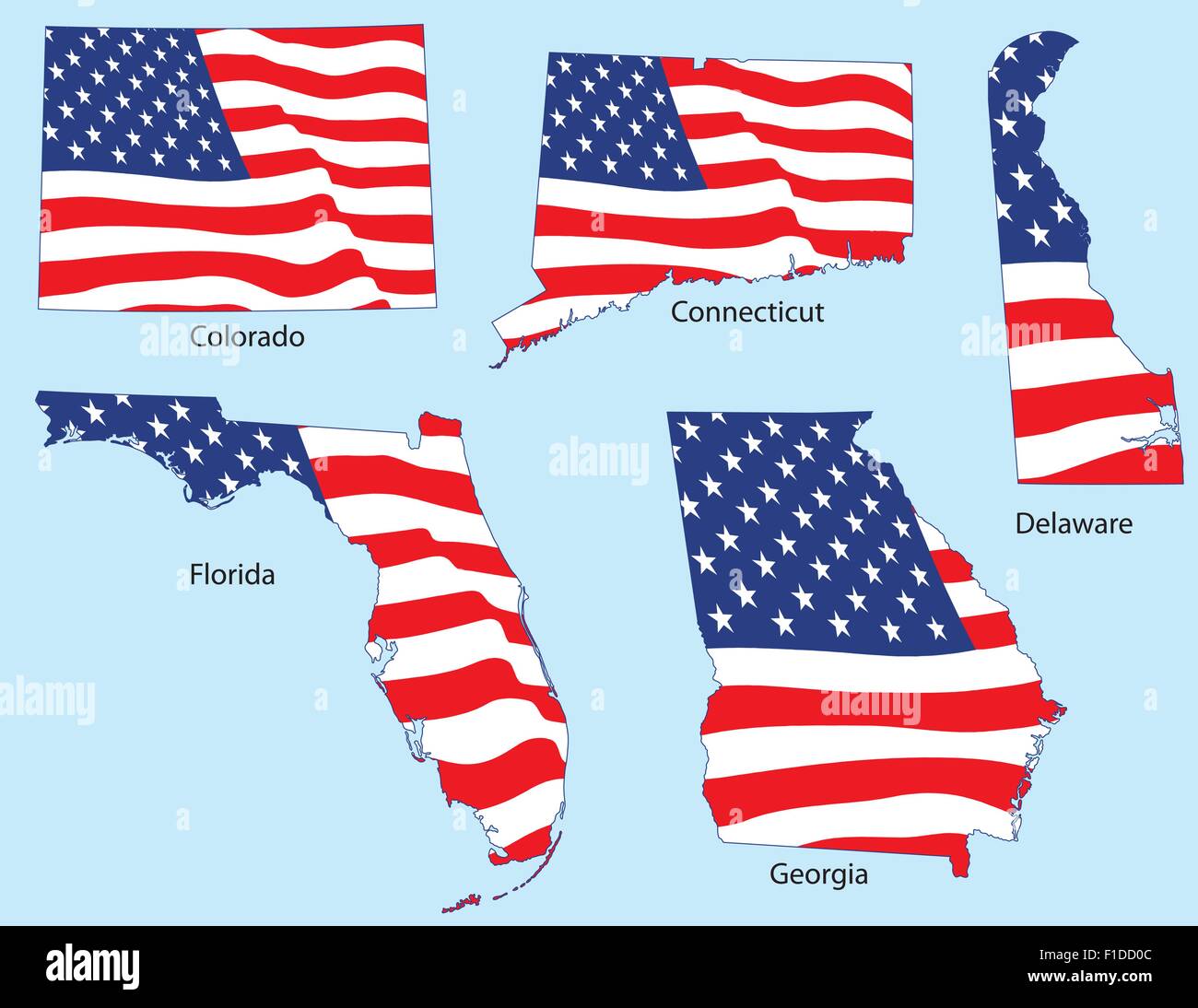 Le Connecticut, le Colorado, le Delaware, la Floride et la Géorgie décrit avec drapeaux, chaque regroupées individuellement Illustration de Vecteur