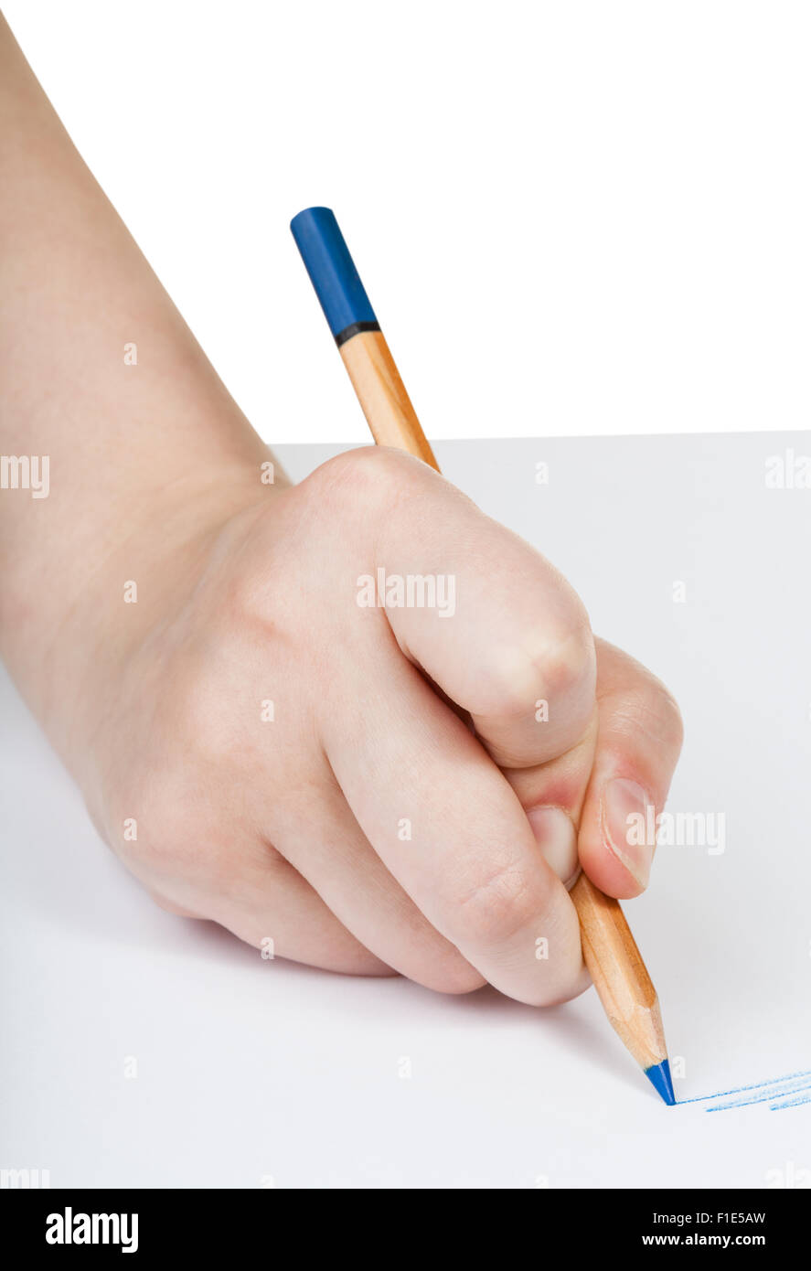 Par écrit à la main au crayon bleu sur la feuille de papier isolé sur fond blanc Banque D'Images