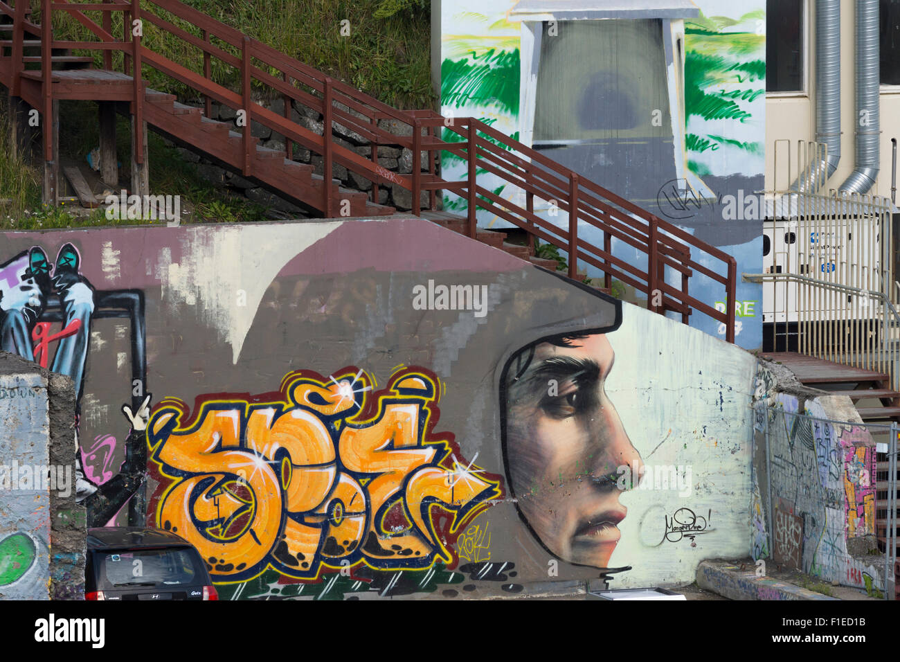Graffiti sur un mur de soutènement à Akureyi, Islande Banque D'Images