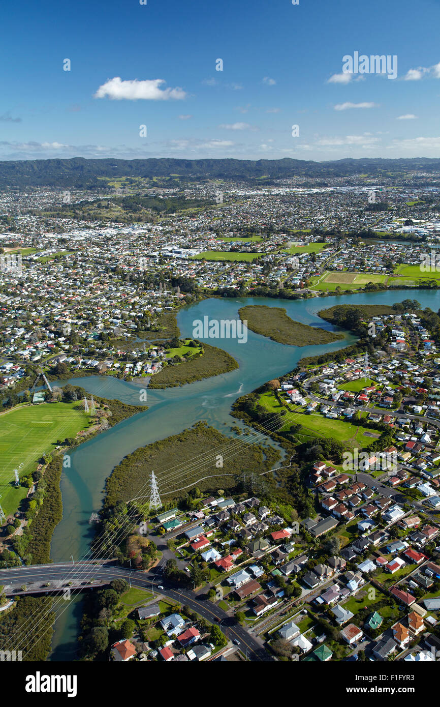 Rivière Whau, Avondale, Auckland, île du Nord, Nouvelle-Zélande - vue aérienne Banque D'Images