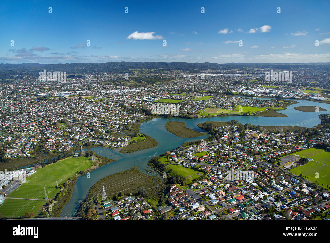 Rivière Whau, Avondale, Auckland, île du Nord, Nouvelle-Zélande - vue aérienne Banque D'Images