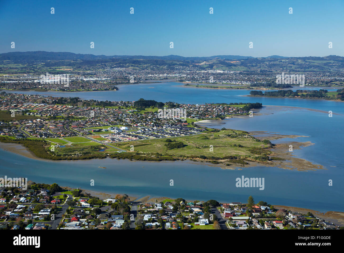 Weymouth, Waimahia Wattle Creek, Downs et Manukau Harbour, île du nord, Auckland, Nouvelle-Zélande - vue aérienne Banque D'Images