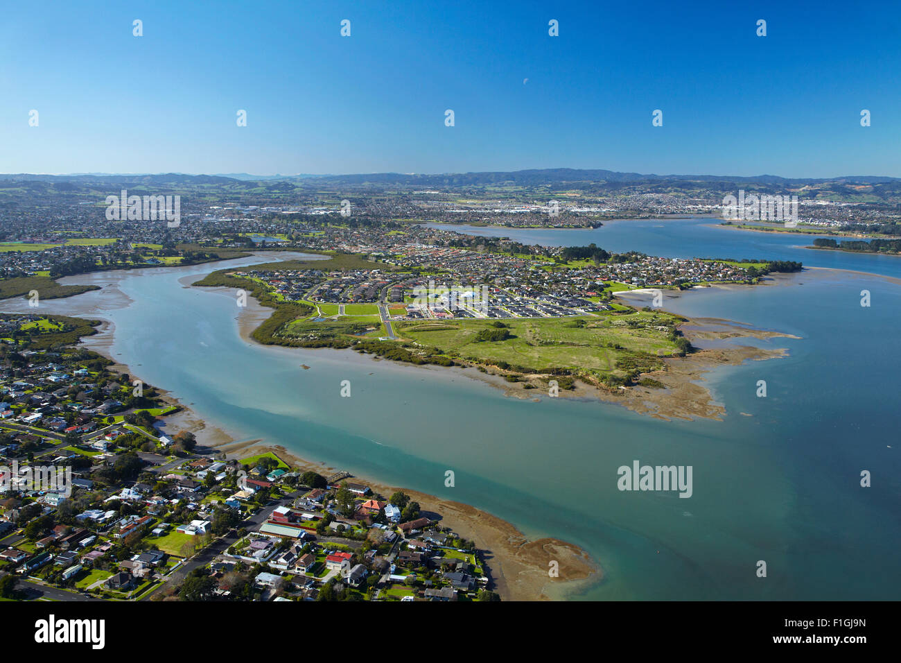 Weymouth, Wattle Downs et Manukau Harbour, île du nord, Auckland, Nouvelle-Zélande - vue aérienne Banque D'Images