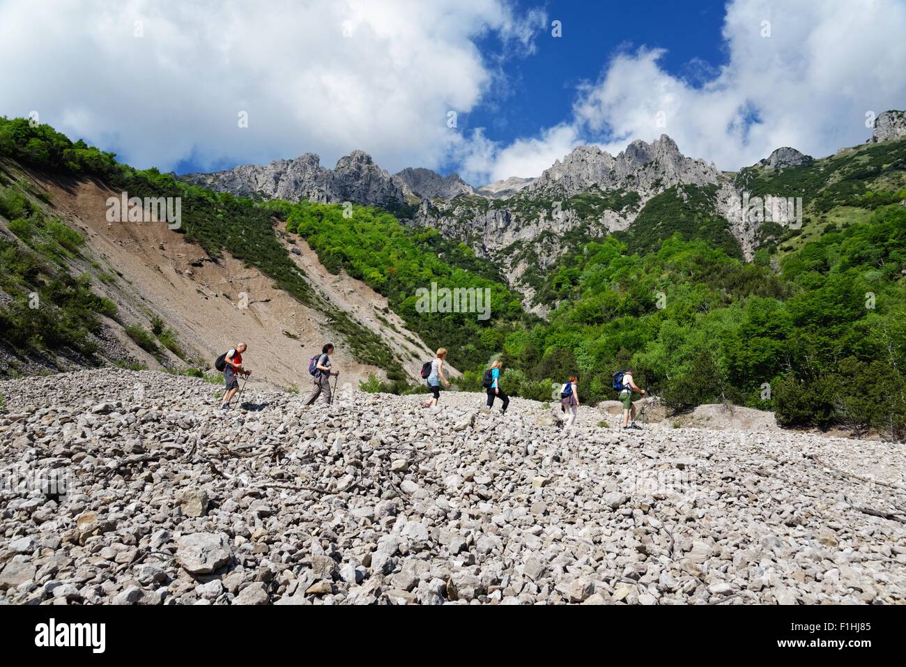 Cinq randonneurs mature randonnée dans la vallée, Grigna, Lecco, Lombardie, Italie Banque D'Images