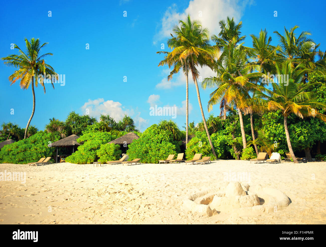 Plage de sable avec des palmiers et ciel bleu. Jours fériés l'arrière-plan. Tons style vintage photo Banque D'Images
