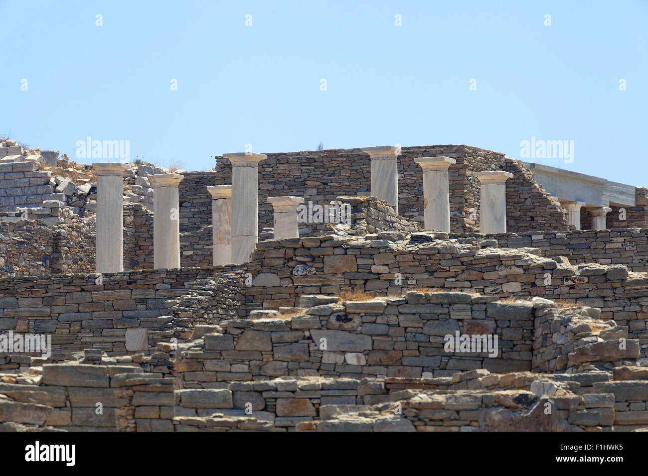 Vestiges romains sur l'île grecque de Délos, dans les Cyclades Banque D'Images