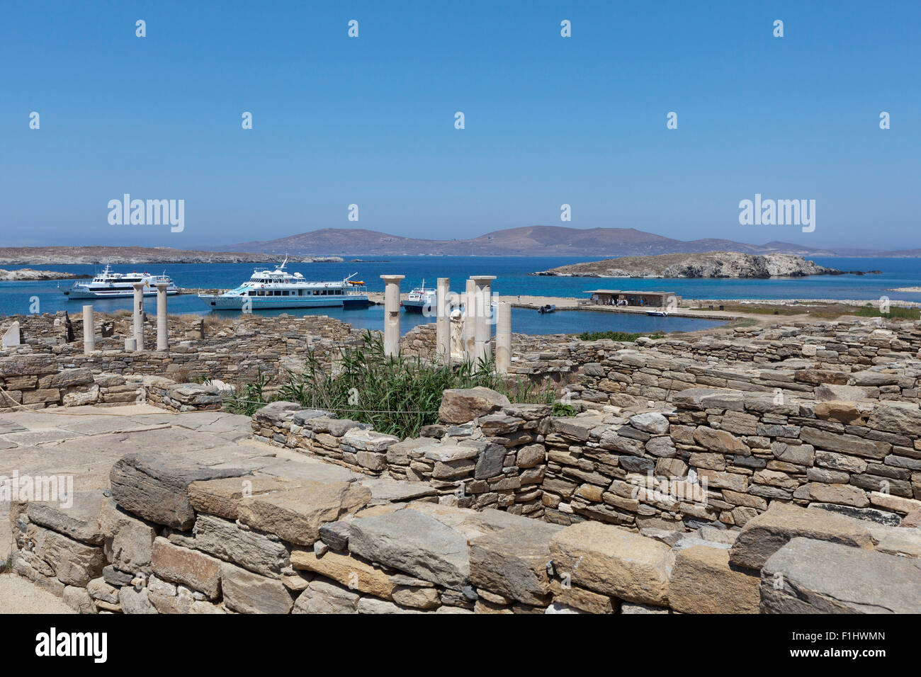 Vestiges romains sur l'île grecque de Délos, dans les Cyclades Banque D'Images