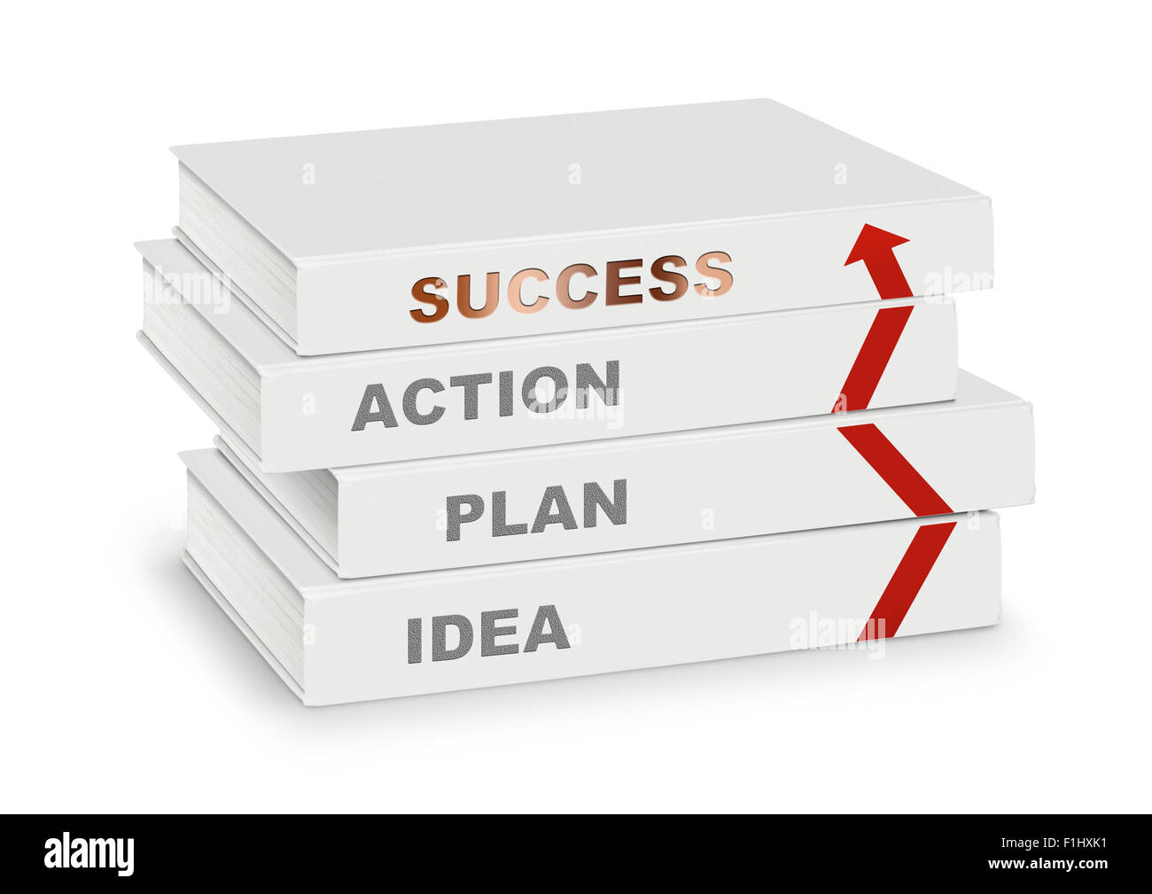 Pile de livres couverts idée, plan,action, de la réussite et de l'arrow, concept d'entreprise sur le chemin blanc avec Banque D'Images