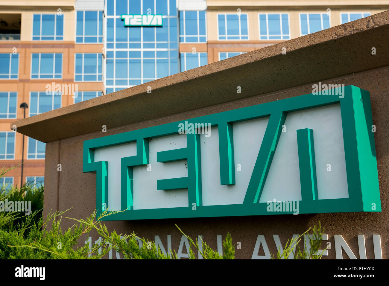 Un logo affiche à l'extérieur d'un établissement occupé par Teva Pharmaceutical Industries dans la région de Overland Park, Kansas le 23 août 2015. Banque D'Images