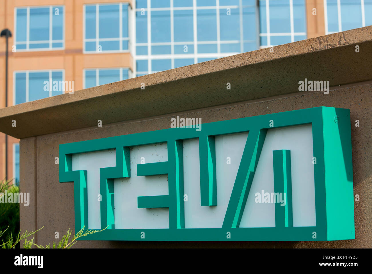 Un logo affiche à l'extérieur d'un établissement occupé par Teva Pharmaceutical Industries dans la région de Overland Park, Kansas le 23 août 2015. Banque D'Images
