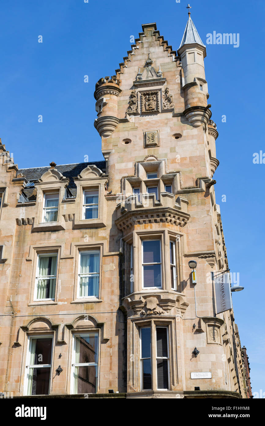 Merchant City Glasgow. Détail du bâtiment de la City Bank construit dans les années 1850, abrite maintenant Fraser Suites Serviced Apartments / Hôtel, Trongate, Écosse, Royaume-Uni Banque D'Images