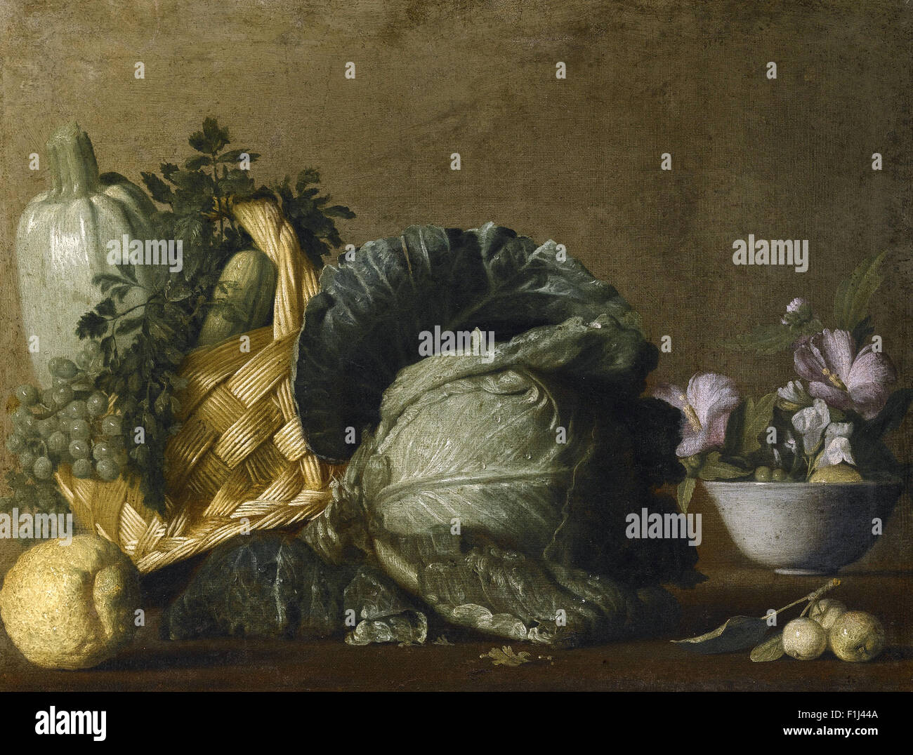 Bernardo Strozzi - une nature morte avec une moelle osseuse, une courgette et les raisins dans un panier en osier, à côté d'un chou, de citron et de fleurs dans un bol Banque D'Images