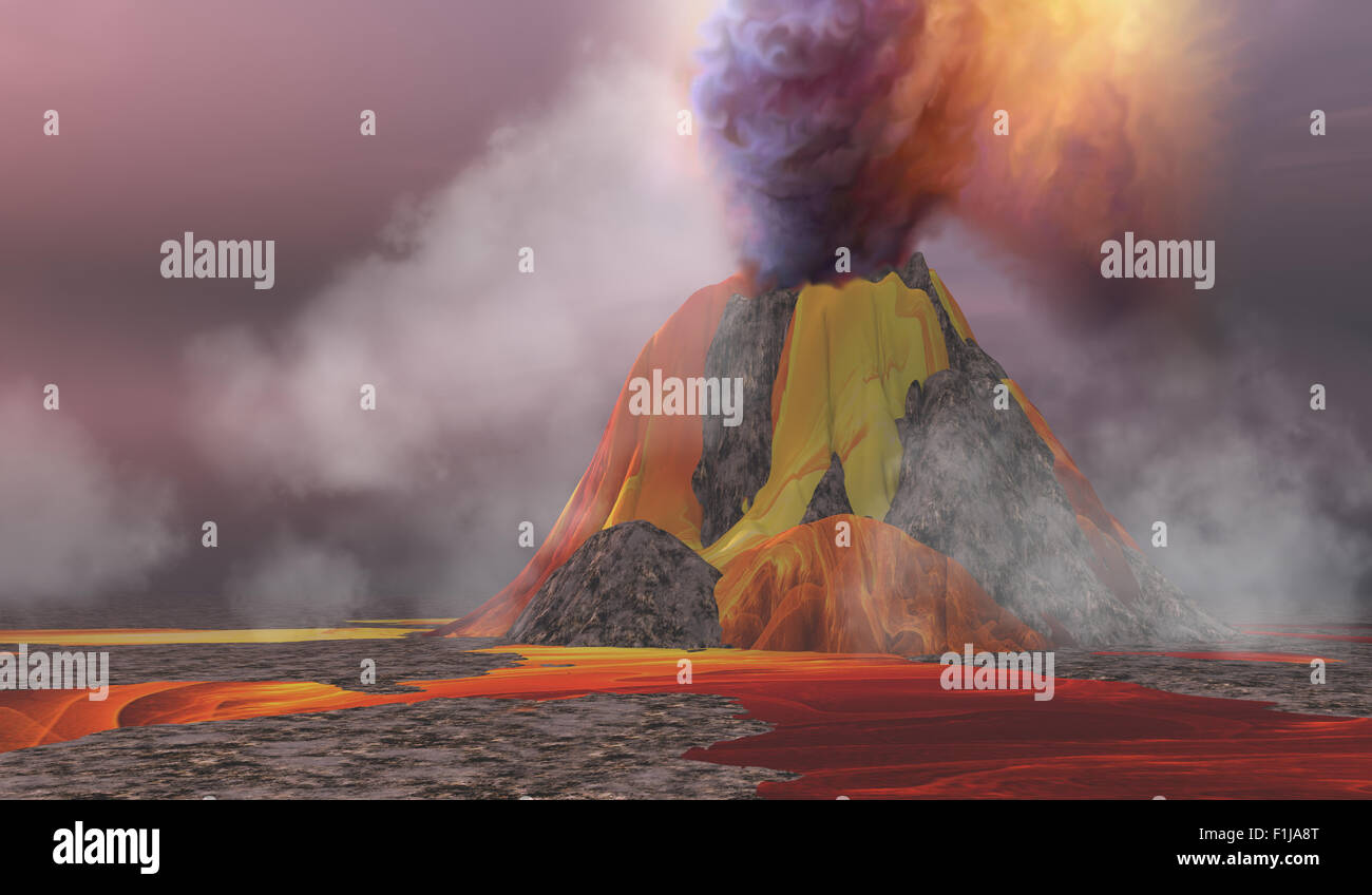 Flux de magma en fusion d'un volcan en éruption et la fumée s'élève dans le ciel. Banque D'Images