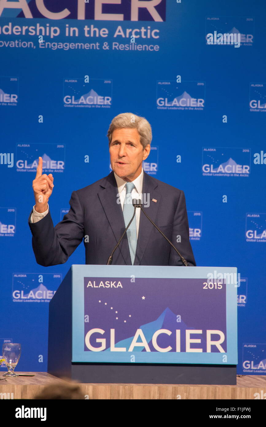 Anchorage, Alaska, USA. Août 31, 2015. Le secrétaire d'Etat JOHN KERRY s'exprimant lors de la Conférence sur le glacier de l'Arctique. © Ron Levy/ZUMA/ZUMAPRESS.com/Alamy fil Live News Banque D'Images