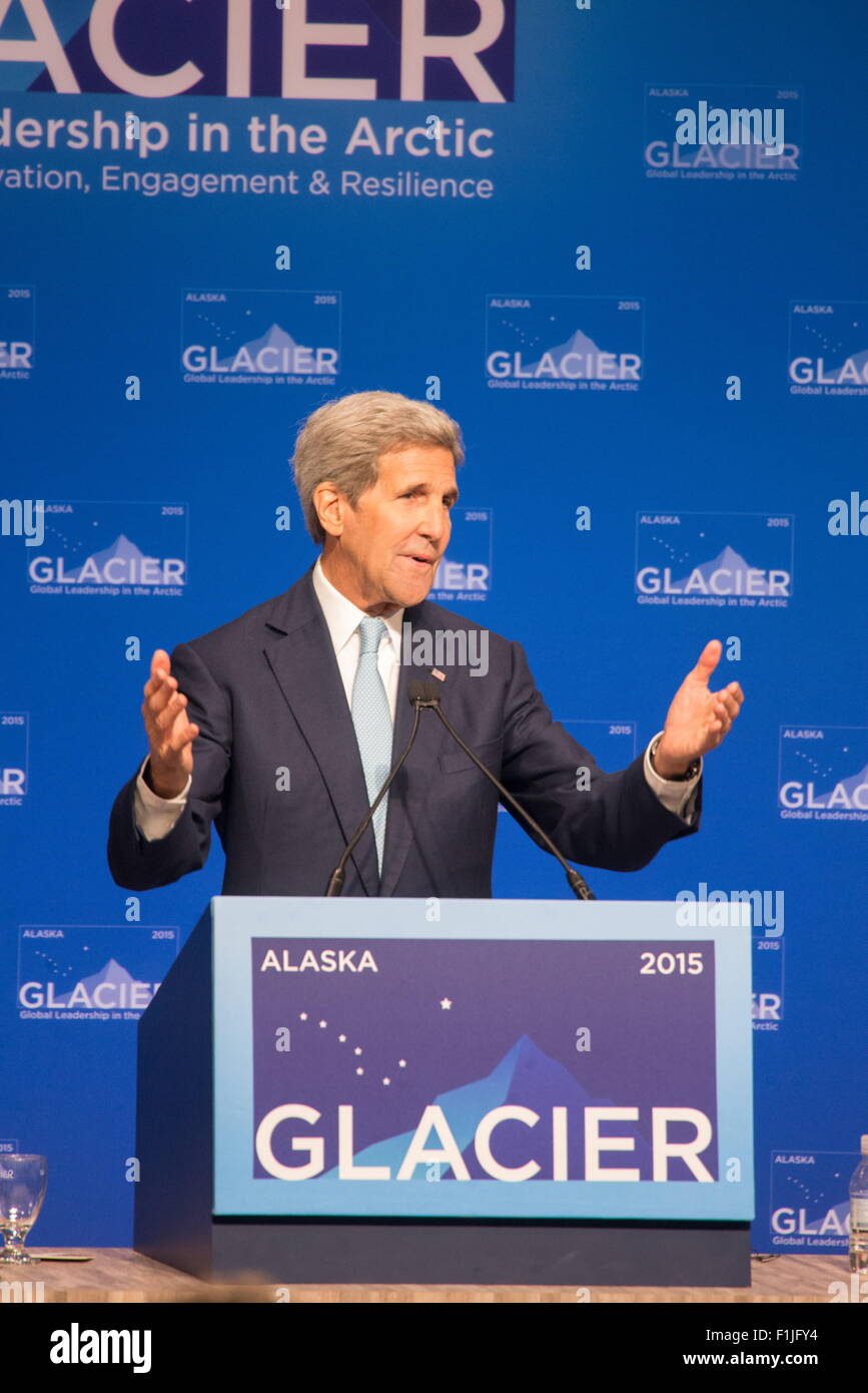 Anchorage, Alaska, USA. Août 31, 2015. Le secrétaire d'Etat JOHN KERRY s'exprimant lors de la Conférence sur le glacier de l'Arctique. © Ron Levy/ZUMA/ZUMAPRESS.com/Alamy fil Live News Banque D'Images