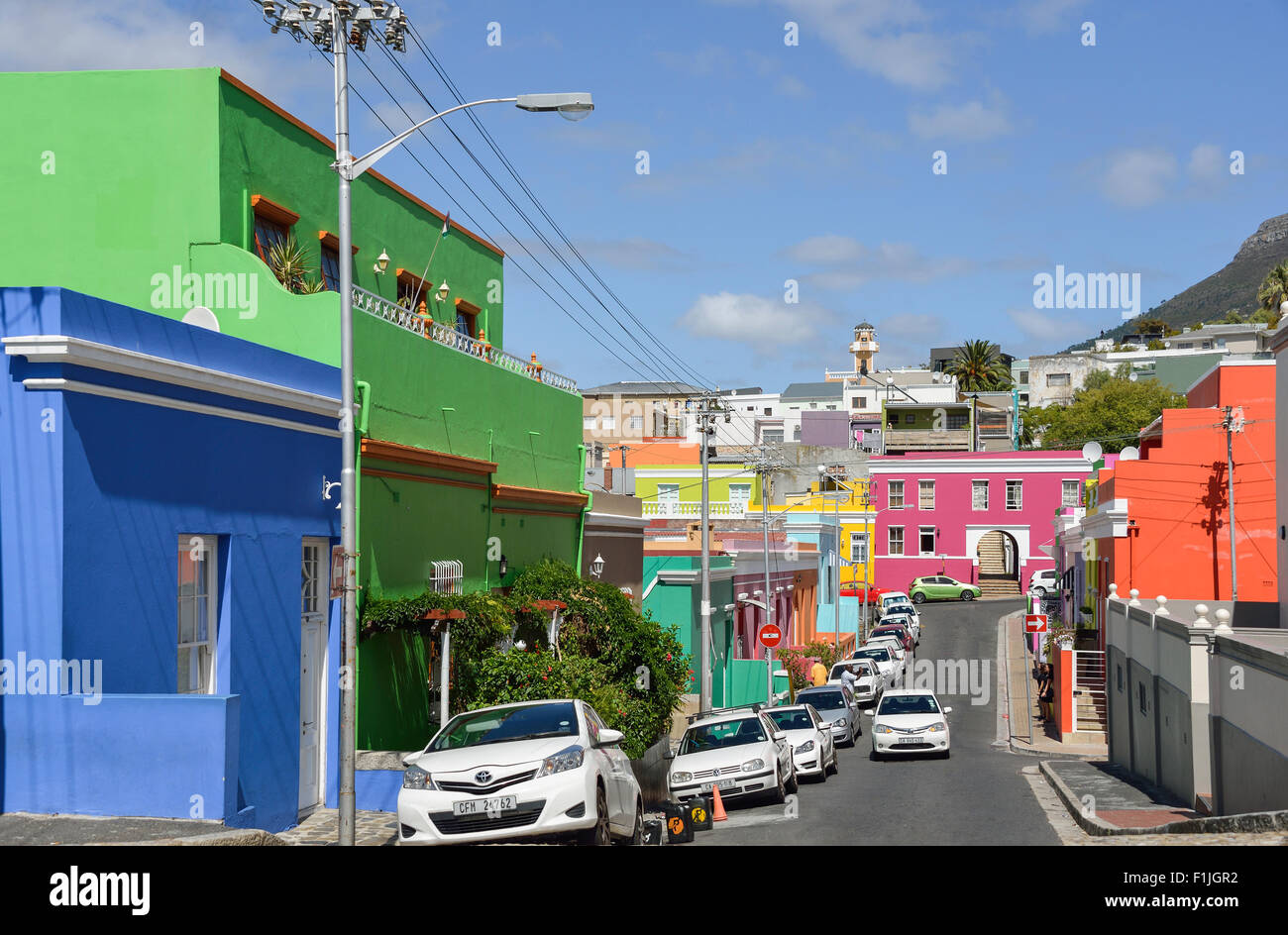 Maisons colorées de Cape Malay Bo-Kaap district, Chiappini Street, Cape Town, Western Cape Province, République d'Afrique du Sud Banque D'Images