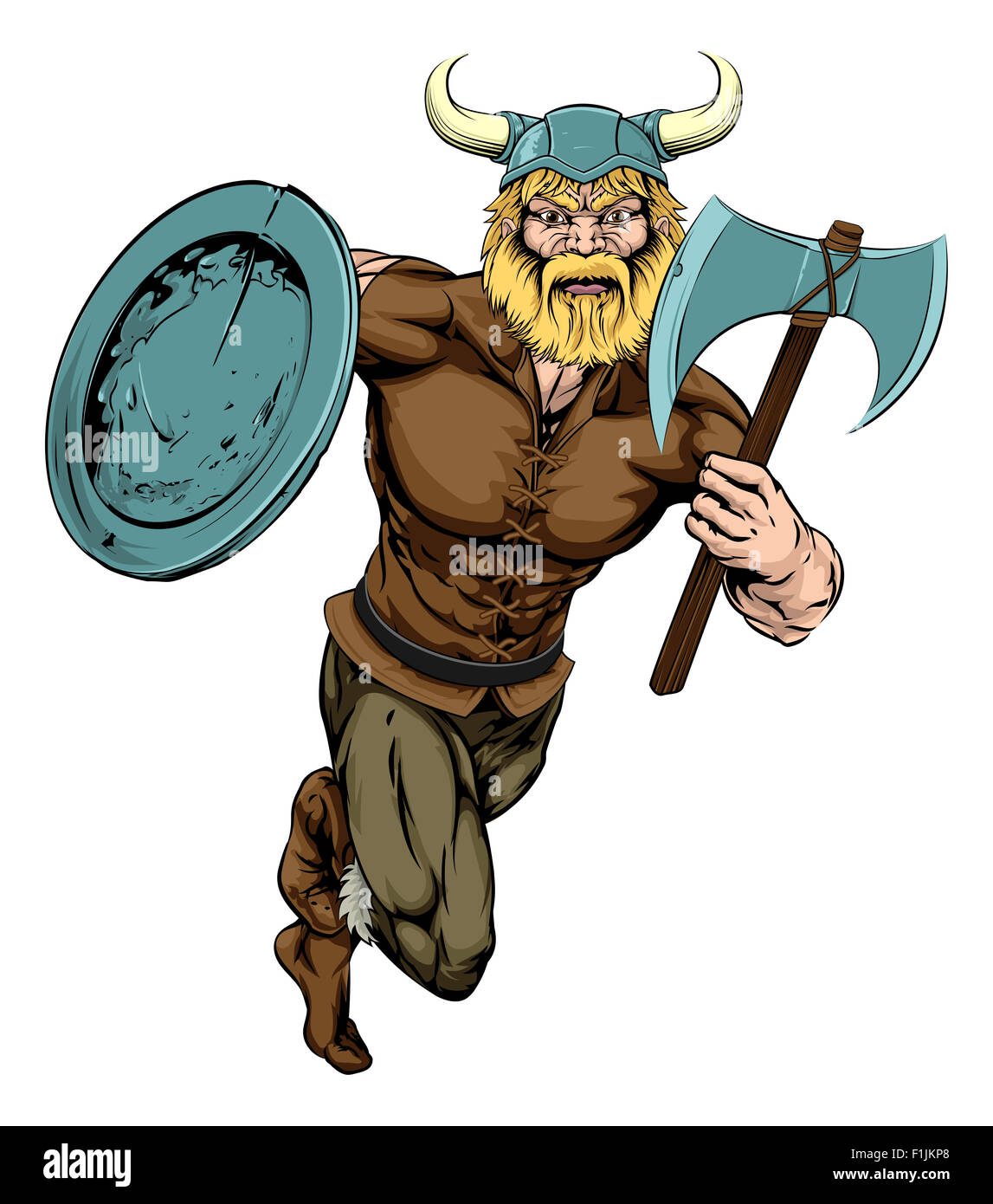 Une illustration de la difficulté à courir avec mascotte guerrier viking hache et bouclier Banque D'Images