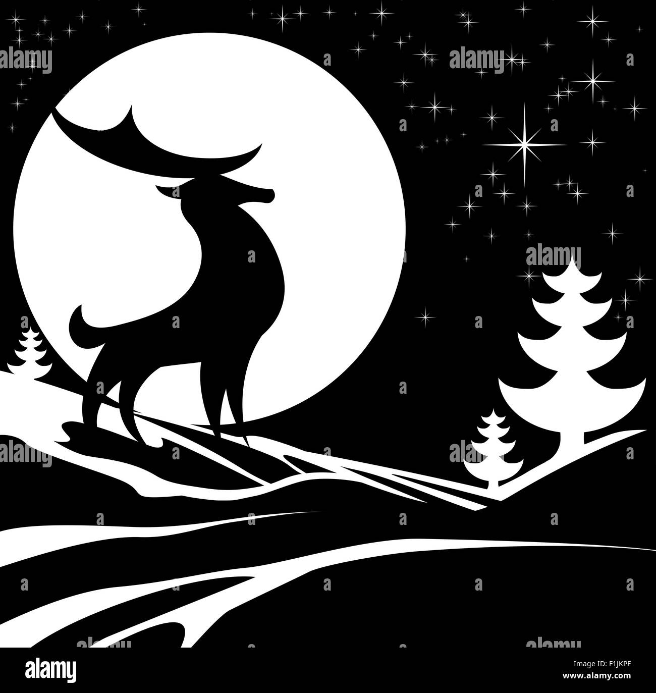Design noir et blanc stylisé d'une scène d'hiver Noël avec un cerf de Virginie mâle et la pleine lune dans la neige avec des arbres de Noël Banque D'Images
