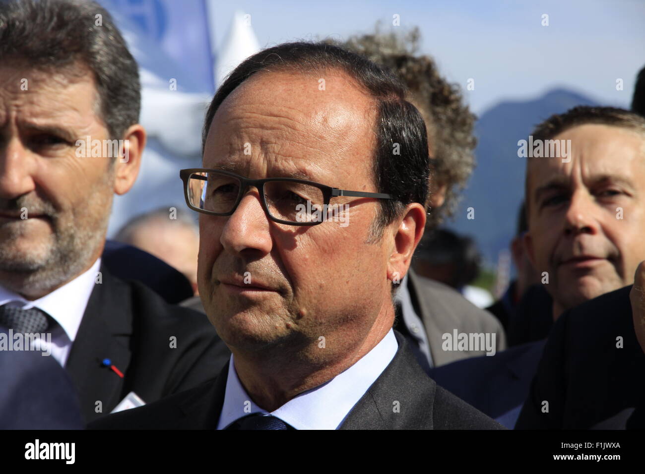 Visite présidentielle de François Hollande, à l'entreprise Air Liquide Technologies Avancées, près de Grenoble, Isère, France. Banque D'Images