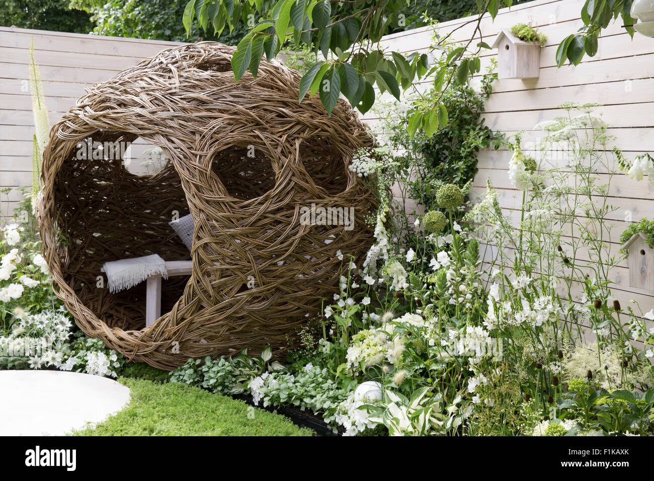 Une petite faune urbaine oiseaux convivial jardin camomille pelouse marche pierres et une gousse de saule tissée avec banc et coussins - fleurs blanches été Royaume-Uni Banque D'Images