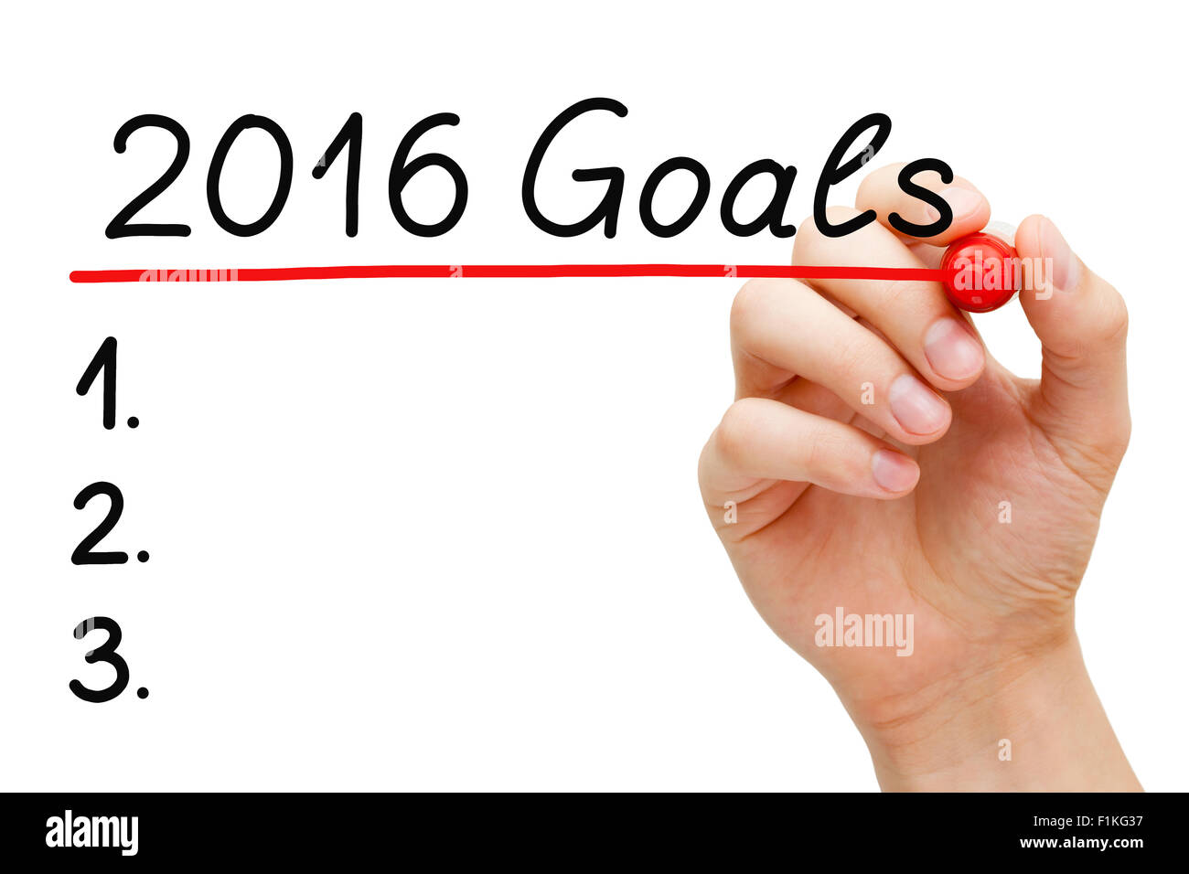 Objectifs 2016 soulignant la main avec marqueur rouge sur transparent conseil essuyer isolé sur blanc. Banque D'Images
