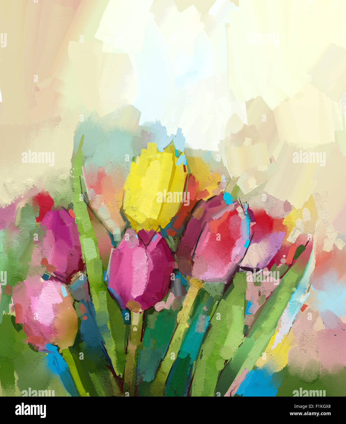 Tulipes fleurs peinture à l'huile. La peinture à l'huile jaune et rouge fleurs tulipes champ. La saison du printemps nature background. Banque D'Images