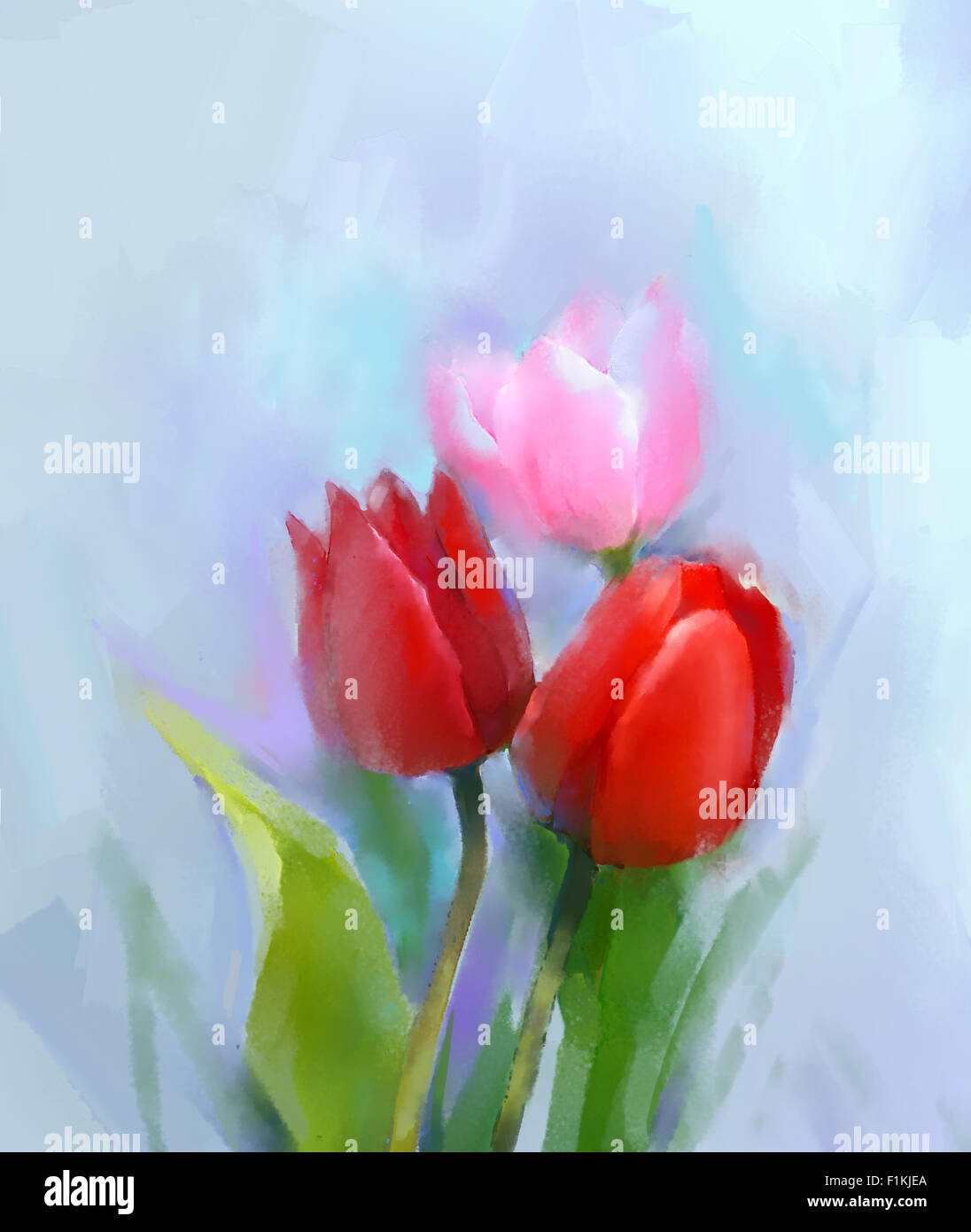 Peinture à l'huile fleurs tulipes- still life red tulip fleur avec feuille verte Banque D'Images