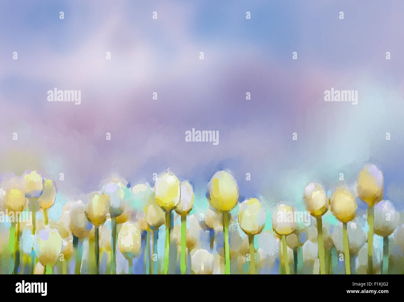 Tulipes fleurs peinture à l'huile. Peinture de fleur tulipe jaune.champ fleur fond d'été. Banque D'Images